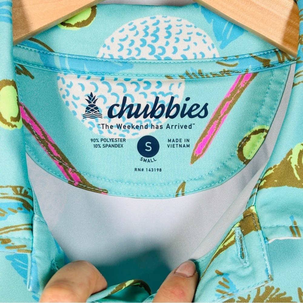 Chubbies Fore Palms Golf Polo Shirt Tropical Print Performance Stretch Small Aqu - Picture 3 of 8